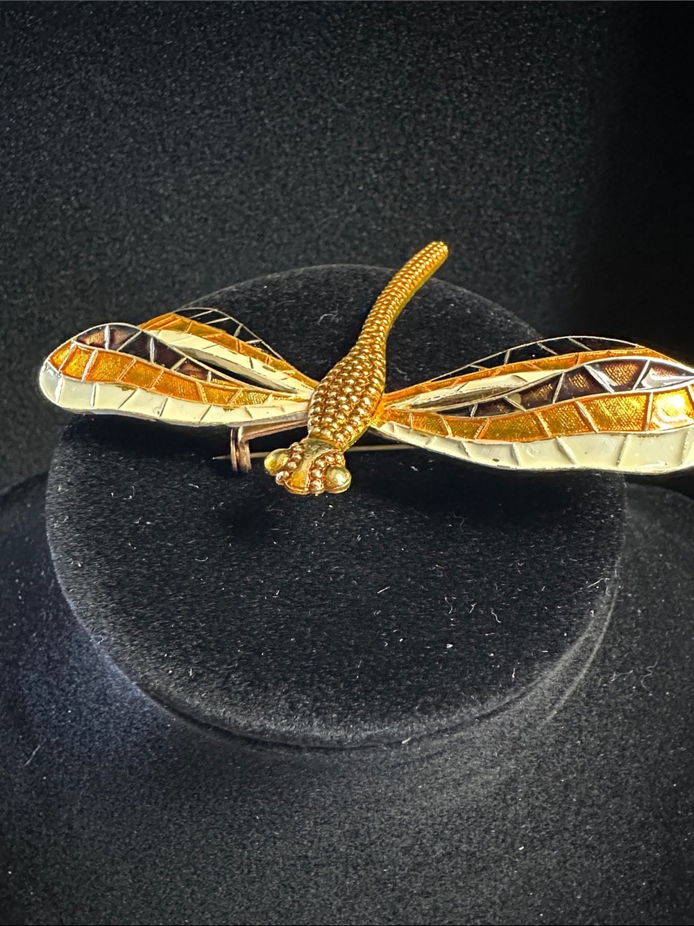 Vintage Gold Tone Dragonfly Brooch with Amber and Cream Enamel - Picture 16 of 16